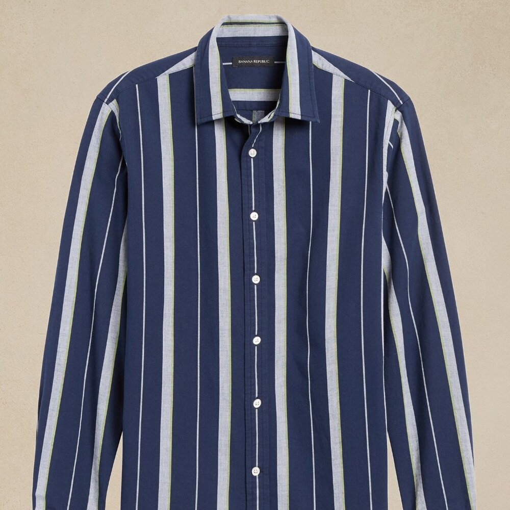Banana Republic Untucked Slim Fit Cotton Shirt L Navy Stripe - Picture 3 of 5